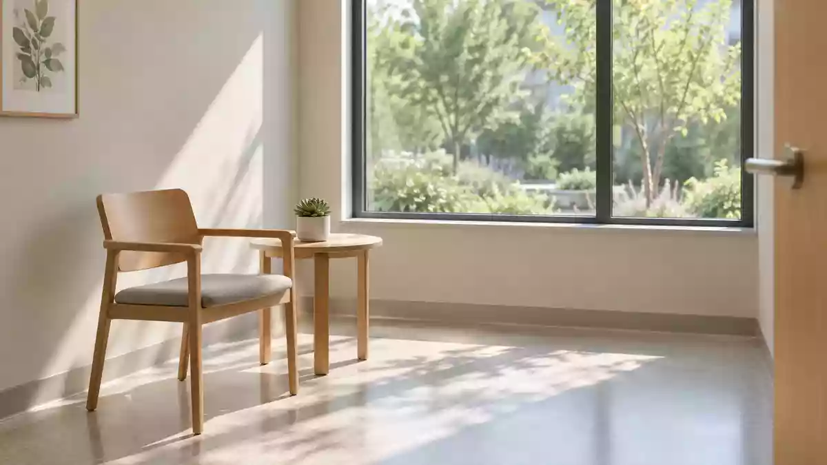 Ein minimalistisch eingerichteter, lichtdurchfluteter Beratungsraum in einer medizinischen Einrichtung mit Blick in einen Garten. Illustration mit AI erstellt.