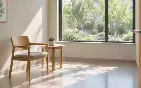 Ein minimalistisch eingerichteter, lichtdurchfluteter Beratungsraum in einer medizinischen Einrichtung mit Blick in einen Garten. - Foto: über boerse-global.de