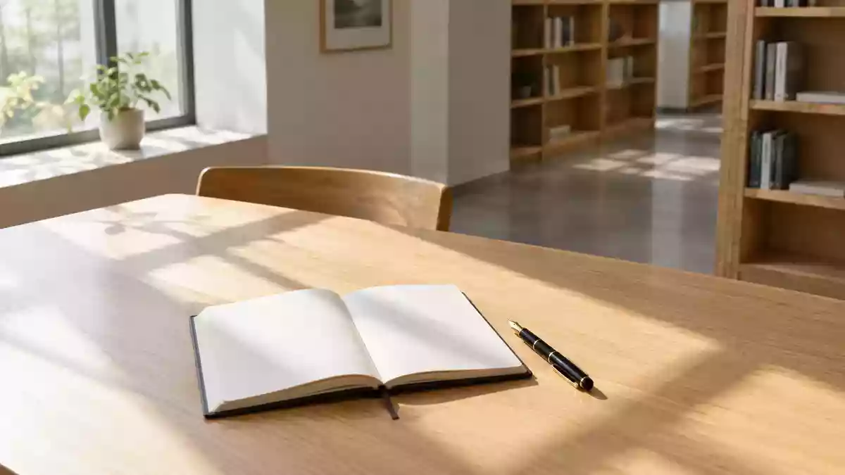 Ein minimalistischer Schreibtisch aus Holz mit einem leeren Notizbuch in einer ruhigen, hellen Lernumgebung. Illustration mit AI erstellt.
