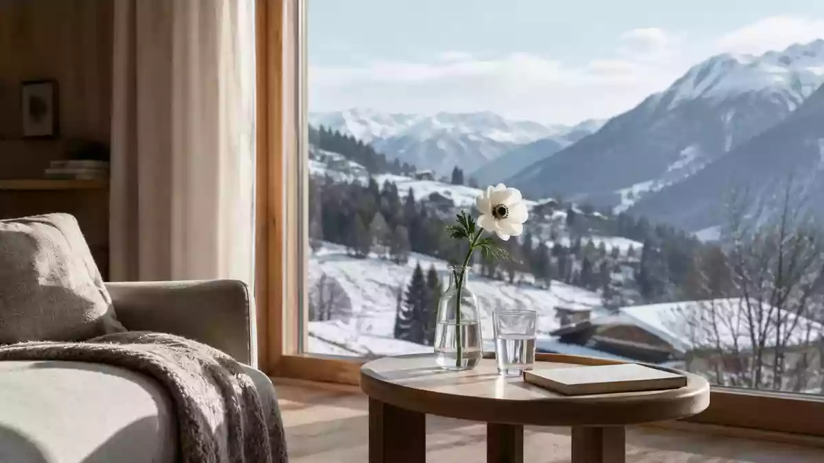 Ein helles, minimalistisch eingerichtetes Wohnzimmer mit Blick auf eine winterliche Alpenlandschaft. Illustration mit AI erstellt.