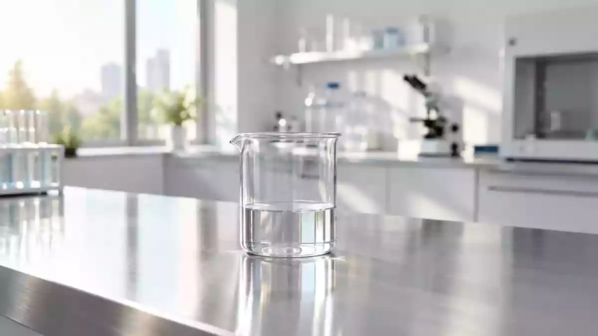 Ein minimalistisches, helles Labor mit einem Glasbecher auf einem Edelstahltisch in einer sterilen Umgebung. Illustration mit AI erstellt.