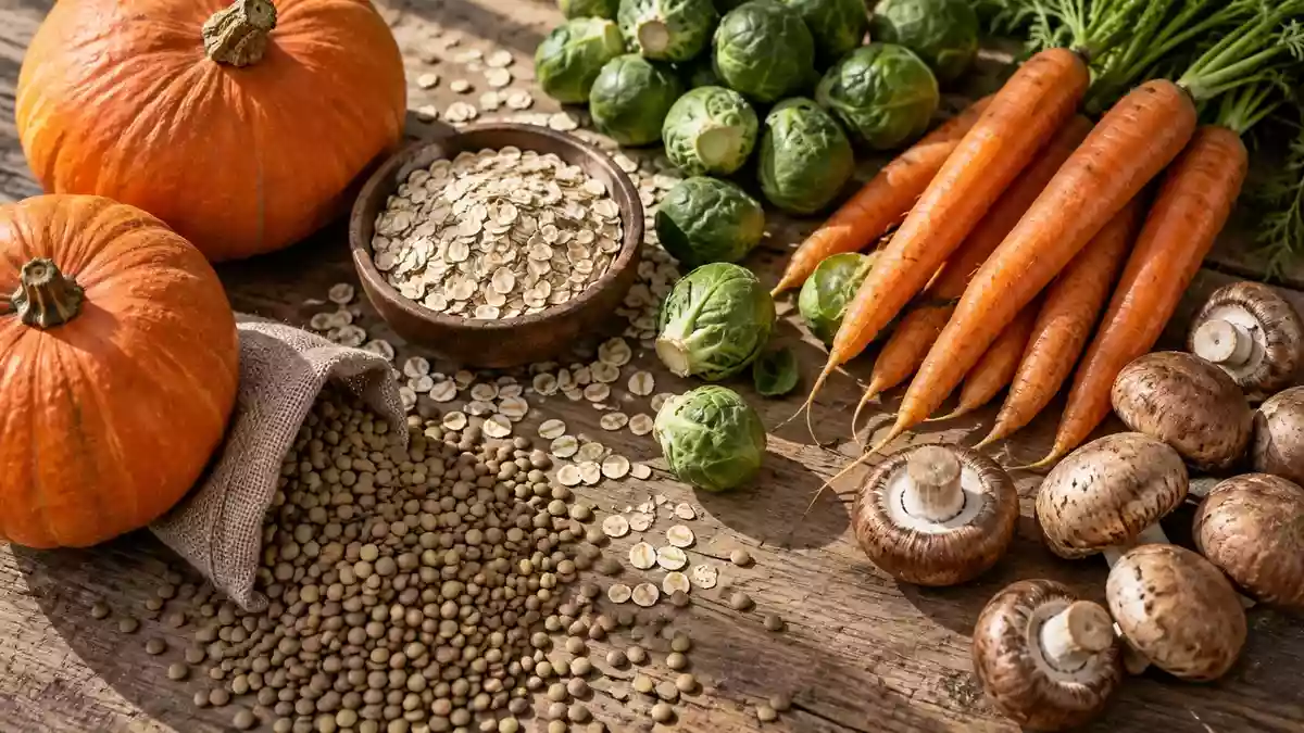 Eine Auswahl an rohen Lebensmitteln wie Linsen, Haferflocken, Kürbis, Möhren, Rosenkohl und Pilzen auf einem Holztisch. Illustration mit AI erstellt.