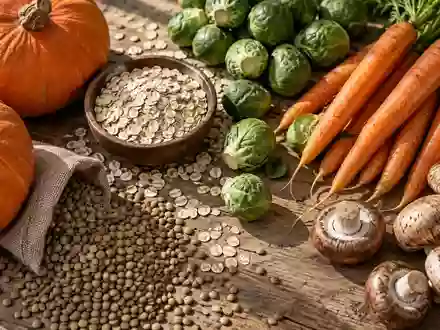 Eine Auswahl an rohen Lebensmitteln wie Linsen, Haferflocken, Kürbis, Möhren, Rosenkohl und Pilzen auf einem Holztisch. - Foto: über boerse-global.de