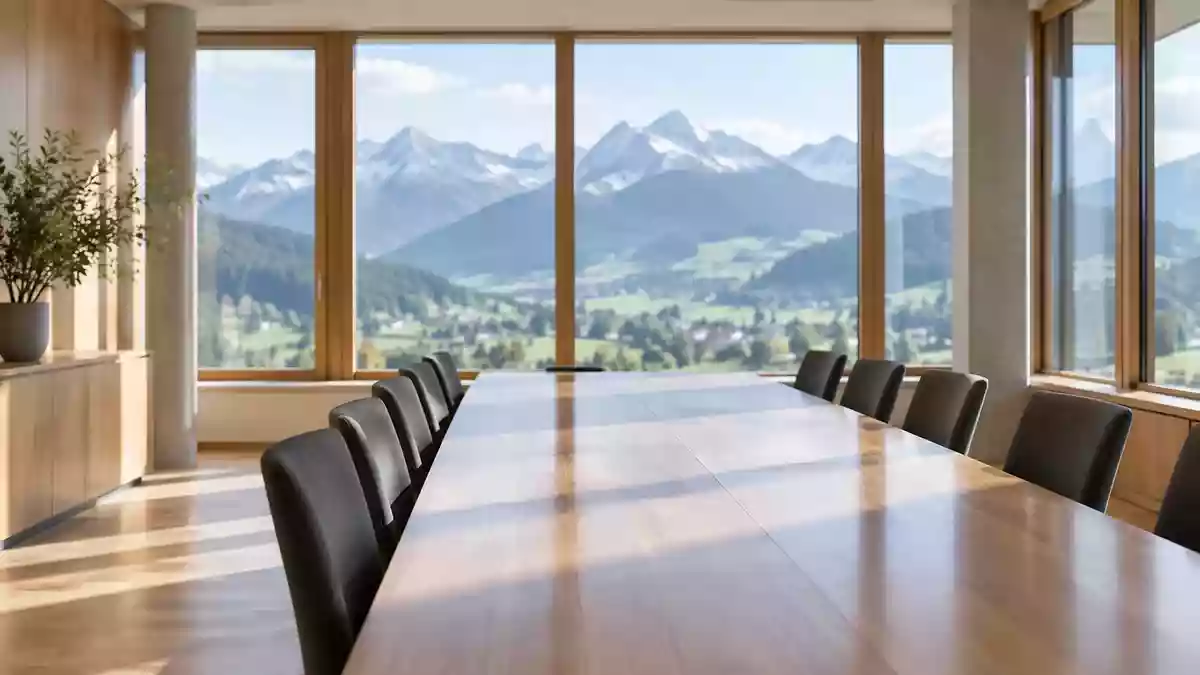 Ein heller, moderner Konferenzraum in einem Verwaltungsgebäude mit Blick auf die Allgäuer Alpen. Illustration mit AI erstellt.