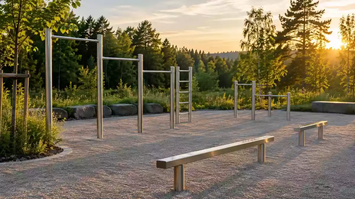 Moderne Calisthenics-Anlage mit Reckstangen und Balancierelementen in einem öffentlichen Park bei Sonnenlicht. Illustration mit AI erstellt.