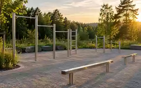 Moderne Calisthenics-Anlage mit Reckstangen und Balancierelementen in einem öffentlichen Park bei Sonnenlicht. - Foto: über boerse-global.de