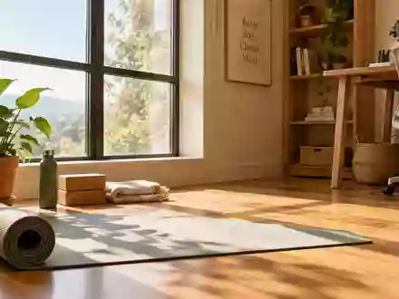 Ein heller, minimalistischer Entspannungsbereich in einem Home-Office mit einer Yogamatte und einer Pflanze. - Foto: über boerse-global.de