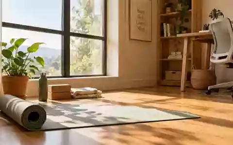 Ein heller, minimalistischer Entspannungsbereich in einem Home-Office mit einer Yogamatte und einer Pflanze. - Foto: über boerse-global.de