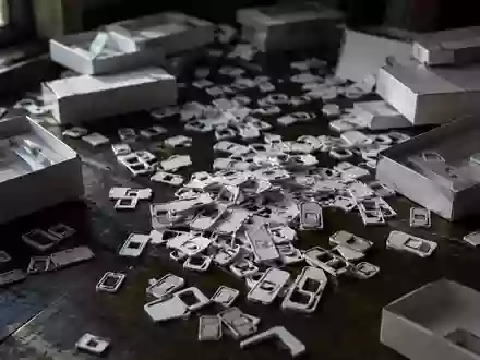 Eine Ansammlung von leeren SIM-Karten-Rahmen und Verpackungsmaterial auf einem dunklen Holztisch. - Foto: über boerse-global.de