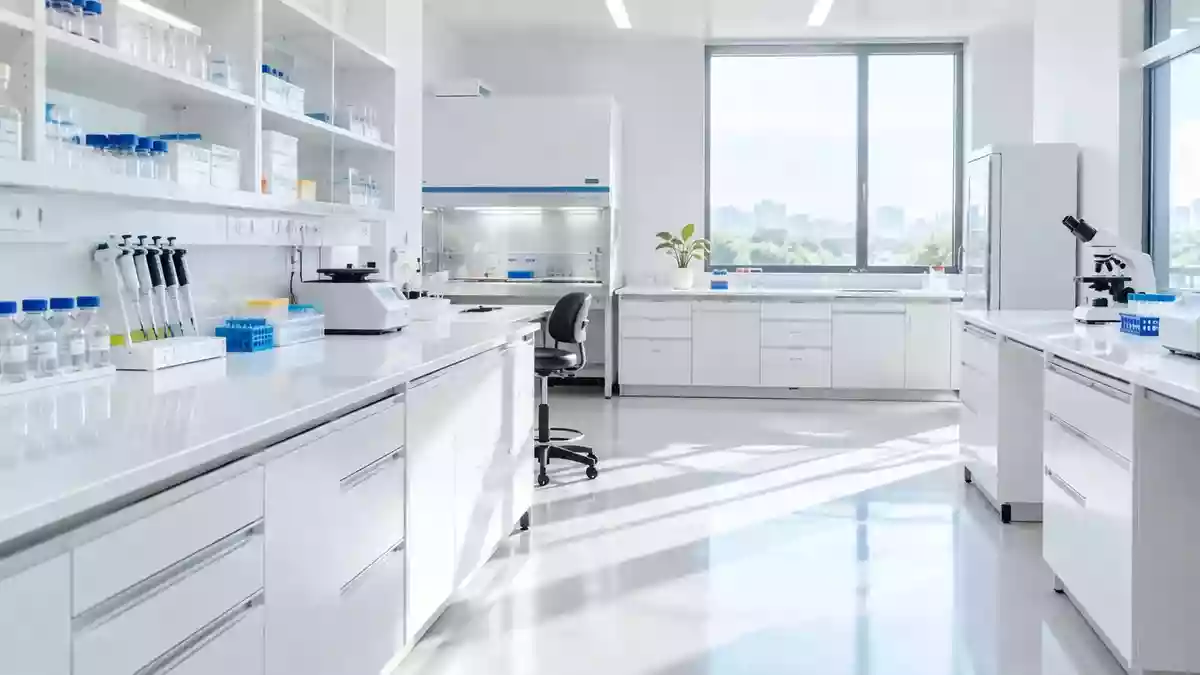 Heller, minimalistischer medizinischer Laborraum mit sauberer, steriler Ästhetik und natürlichem Lichteinfall. Illustration mit AI erstellt.
