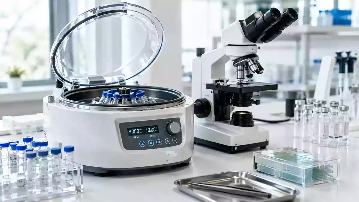 Laborausrüstung für genetische Analysen auf einem sauberen Labortisch bei natürlichem Tageslicht. Illustration mit AI erstellt.