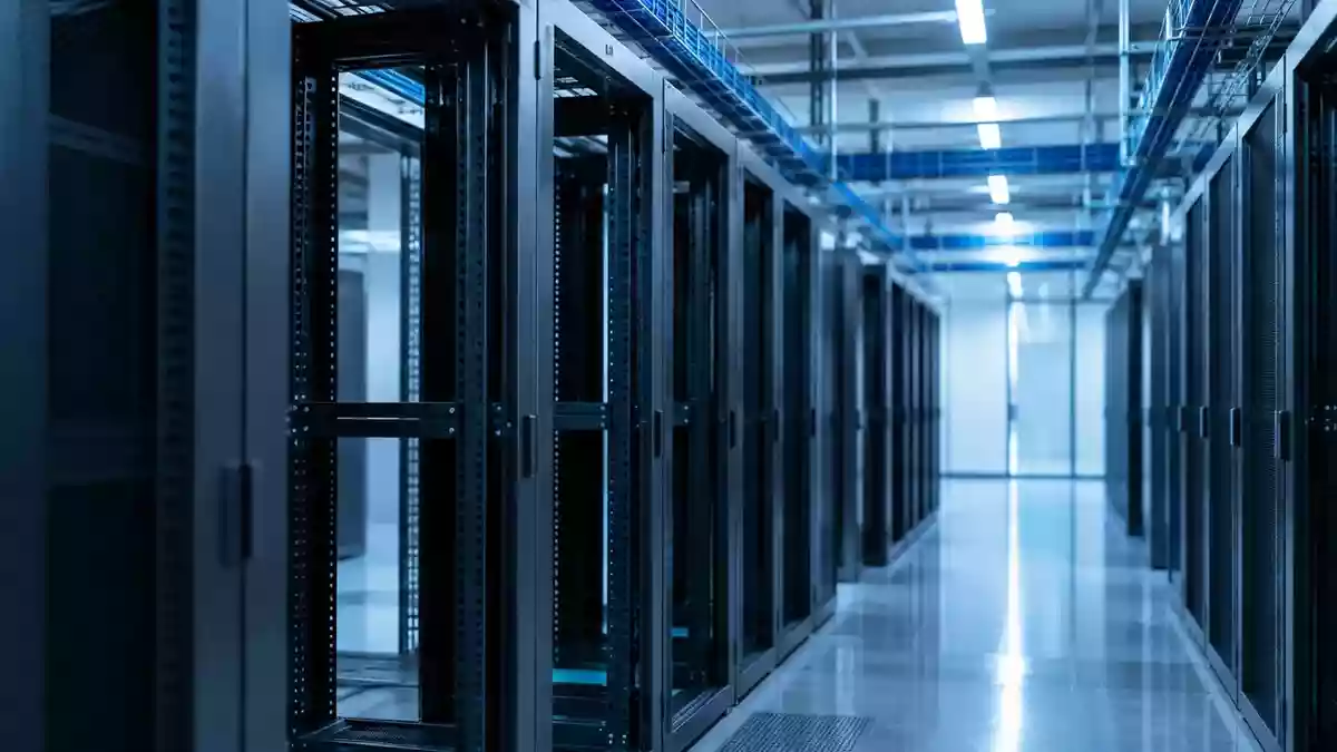 Ein minimalistischer Serverraum mit leeren Server-Racks in kühlem, blauem Licht. Illustration mit AI erstellt.