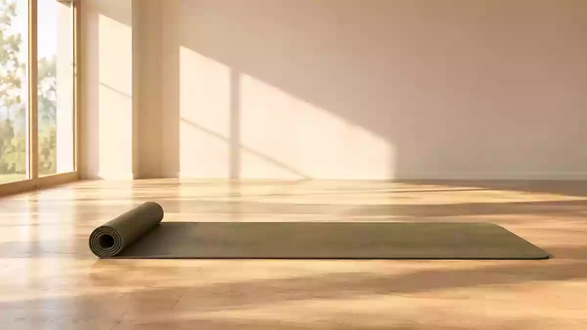 Eine leere, helle Yogamatte liegt in einem minimalistischen, sonnendurchfluteten Raum auf einem Holzboden. Illustration mit AI erstellt.