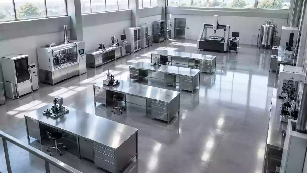 Ein steriler, moderner Laborraum in einer Industrieanlage mit sauberen Edelstahl-Arbeitsplätzen und präzisen Maschinen. Illustration mit AI erstellt.