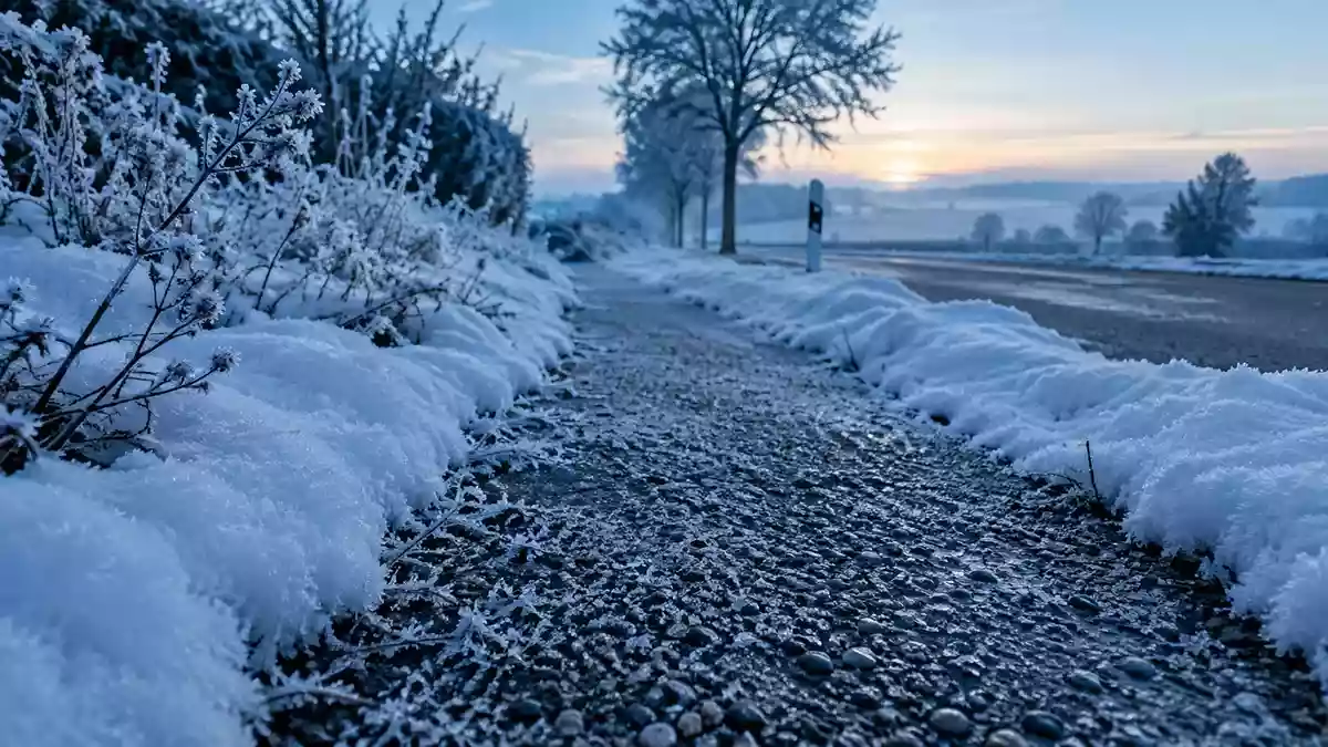 Verschneiter Gehweg an einem frostigen Wintermorgen in einer Wohngegend mit gefrorenem Streugut auf dem Boden. Illustration mit AI erstellt.
