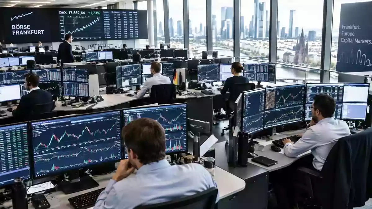 Börsenparkett mit Tradern vor Monitoren, die Finanzdaten und Aktiencharts anzeigen. Illustration mit AI erstellt.