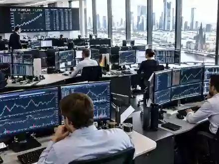 Börsenparkett mit Tradern vor Monitoren, die Finanzdaten und Aktiencharts anzeigen. - Foto: über boerse-global.de