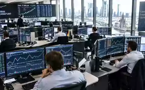 Börsenparkett mit Tradern vor Monitoren, die Finanzdaten und Aktiencharts anzeigen. - Foto: über boerse-global.de