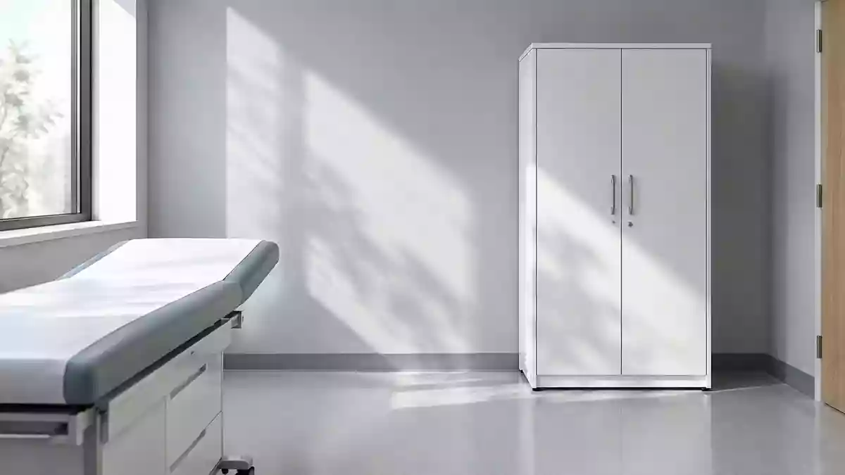 Ein minimalistischer, heller Behandlungsraum in einer medizinischen Einrichtung mit neutralen Oberflächen und weichem Licht. Illustration mit AI erstellt.