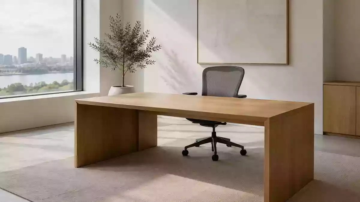Ein minimalistisches, modernes Büro mit einem leeren Schreibtisch und einem Stuhl in natürlichem Licht. Illustration mit AI erstellt.
