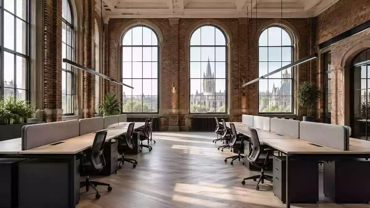 Ein minimalistisches, modernes Büro in einem historischen Gebäude mit hohen Decken und leeren Arbeitsplätzen. Illustration mit AI erstellt.