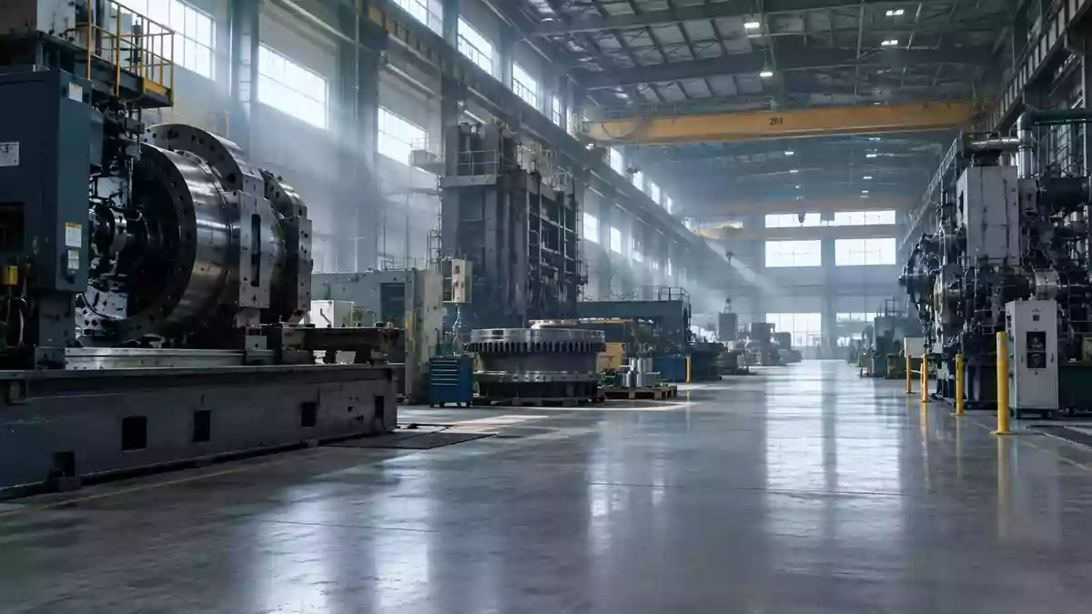 Eine weitläufige, stille Industriehalle mit schweren Maschinen und kühlem Tageslicht, die die industrielle Atmosphäre betont. Illustration mit AI erstellt.