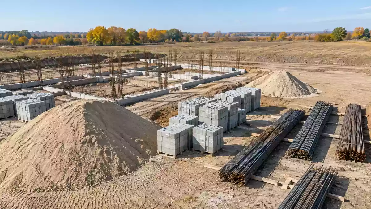 Eine Baustelle mit aufgeschüttetem Bausand, gestapelten Mauersteinen und Bewehrungsstahl auf einer vorbereiteten Baufläche. Illustration mit AI erstellt.