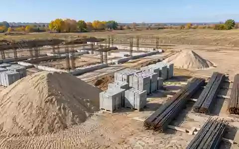 Eine Baustelle mit aufgeschüttetem Bausand, gestapelten Mauersteinen und Bewehrungsstahl auf einer vorbereiteten Baufläche. - Foto: über boerse-global.de