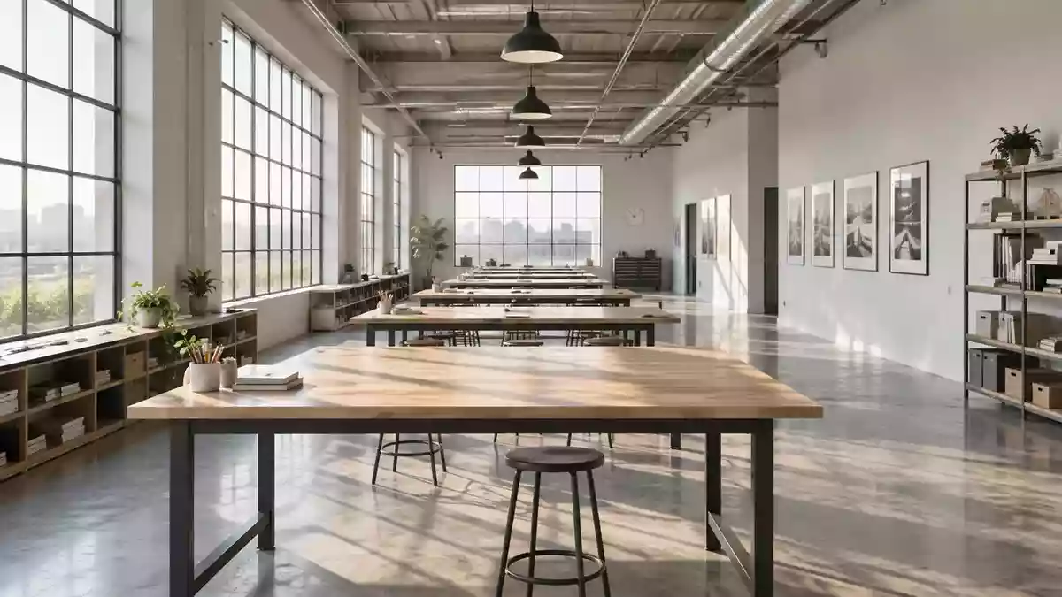 Ein minimalistischer, leerer Arbeitsbereich in einem modernen Bürogebäude mit hellem Tageslicht. Illustration mit AI erstellt.