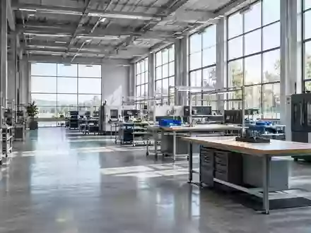 Helle, minimalistische Industriehalle mit Betonboden und großen Fenstern als Symbol für betriebliche Mitbestimmung. - Foto: über boerse-global.de