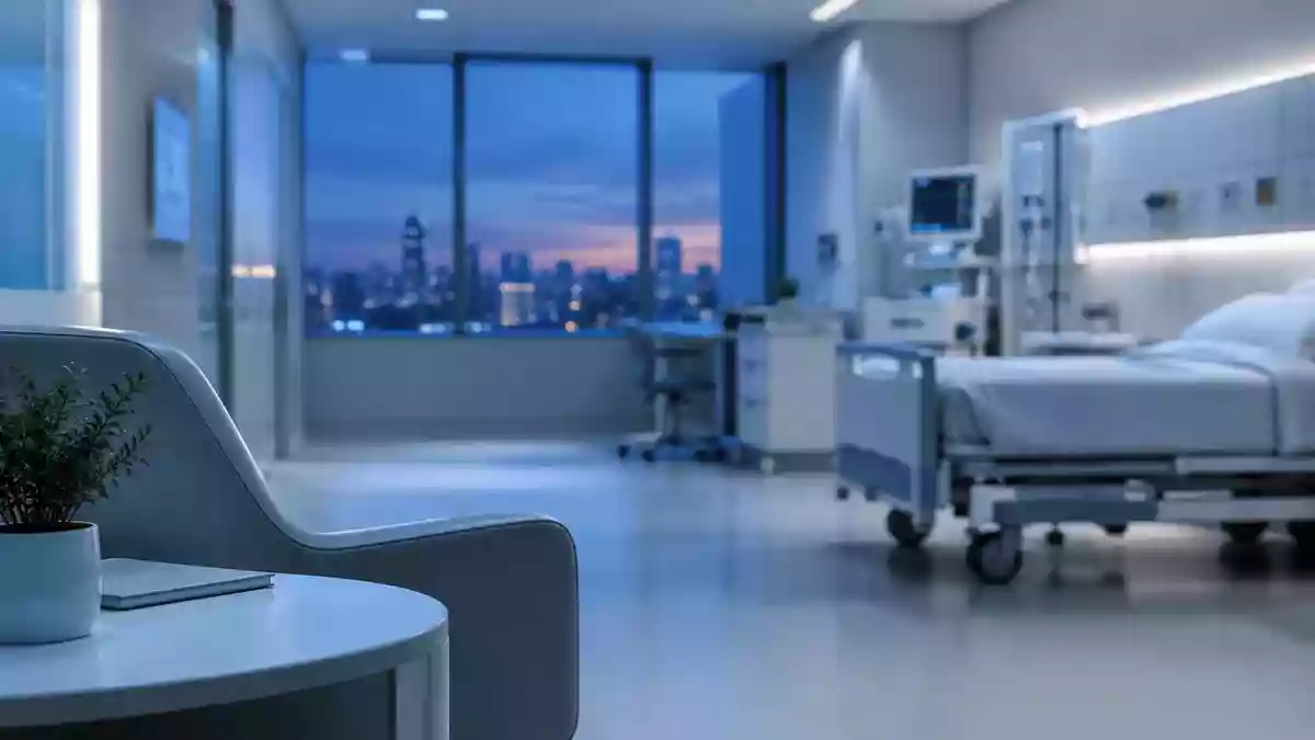Ein minimalistischer, klinisch gestalteter Beobachtungsraum in einem Krankenhaus mit sanfter Beleuchtung. Illustration mit AI erstellt.