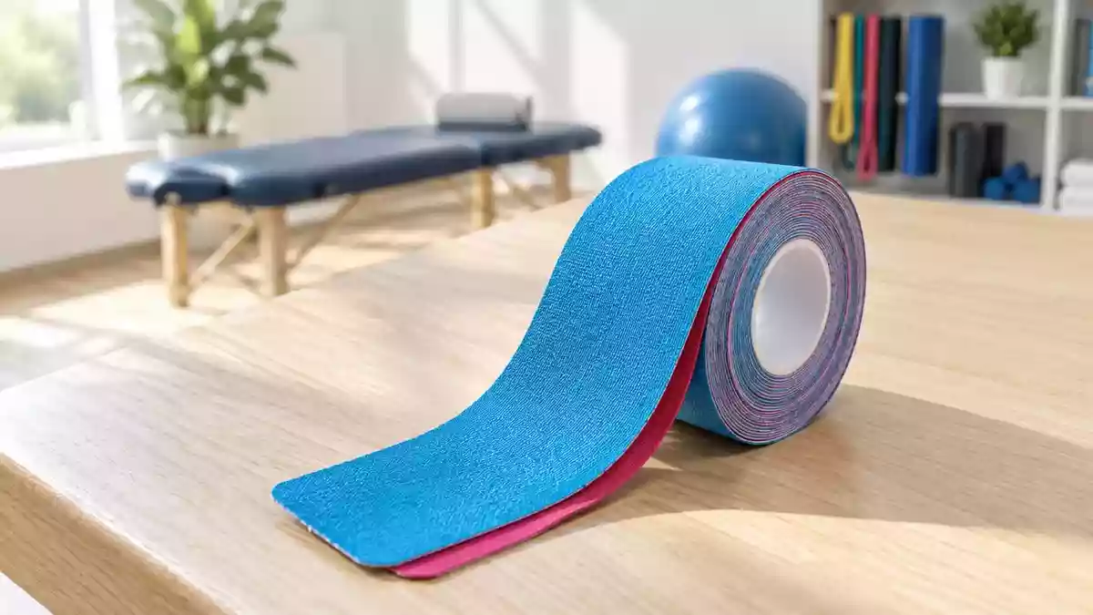 Eine Rolle Kinesio-Tape liegt auf einer hellen Holzoberfläche in einem hellen Behandlungsraum. Illustration mit AI erstellt.