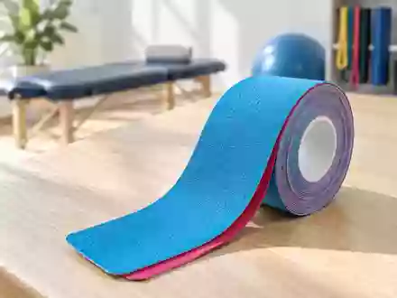 Eine Rolle Kinesio-Tape liegt auf einer hellen Holzoberfläche in einem hellen Behandlungsraum. - Foto: über boerse-global.de
