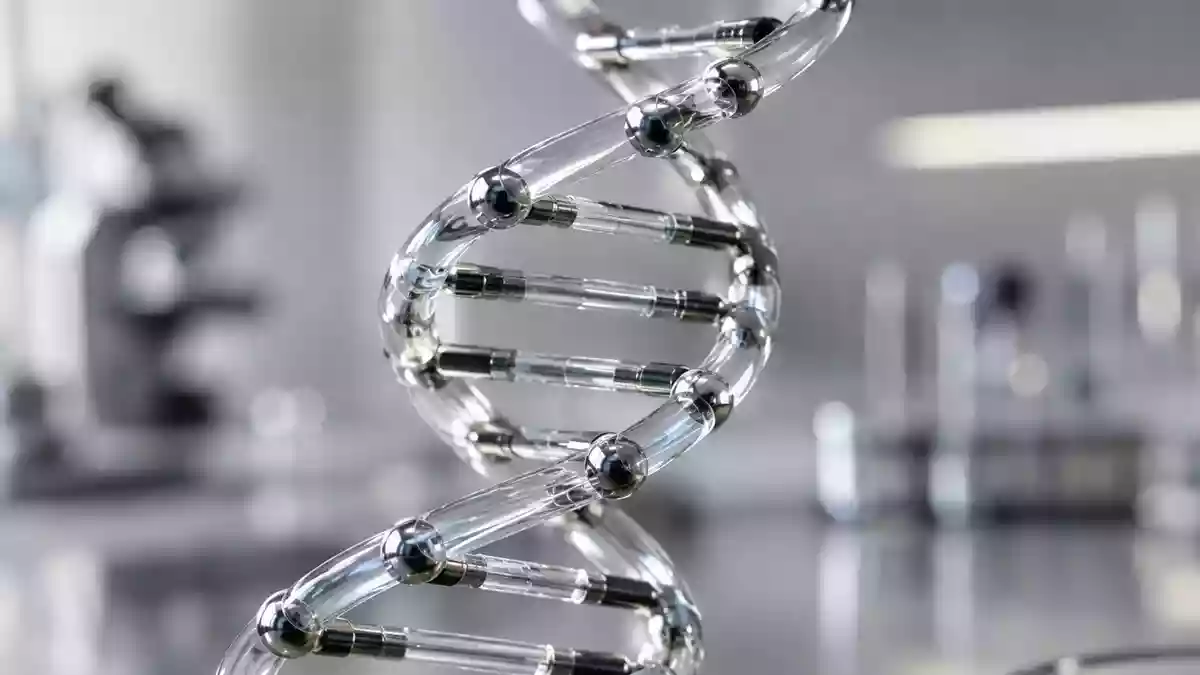 Ein gläsernes Modell einer DNA-Doppelhelix in einer sterilen Laborumgebung. Illustration mit AI erstellt.