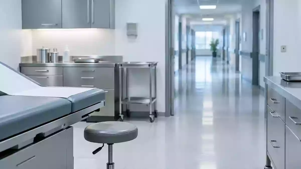 Ein minimalistisch gestalteter, steriler Behandlungsraum in einer modernen urologischen Klinik bei natürlichem Licht. Illustration mit AI erstellt.