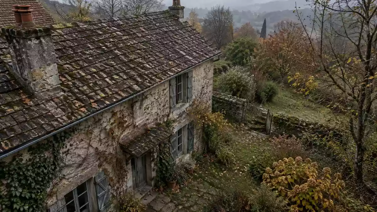 Ein älteres Wohnhaus mit Garten in der Dämmerung, das die Atmosphäre einer Immobiliennachfolge und Stilllegung einfängt. Illustration mit AI erstellt.