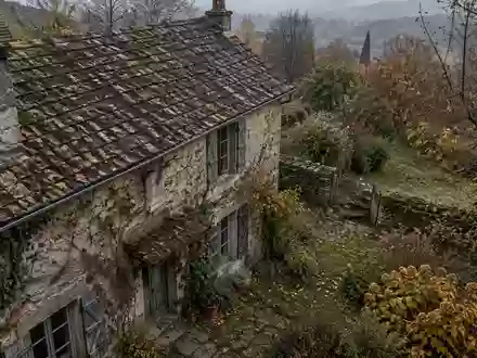 Ein älteres Wohnhaus mit Garten in der Dämmerung, das die Atmosphäre einer Immobiliennachfolge und Stilllegung einfängt. - Foto: über boerse-global.de