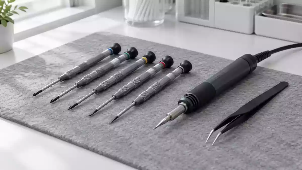 Präzisionswerkzeuge für Reparaturen auf einer grauen Unterlage in einer hellen Werkstattumgebung. Illustration mit AI erstellt.