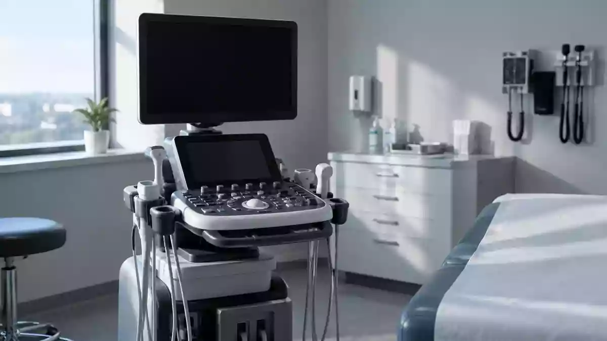Ein moderner, steriler Untersuchungsraum in einer Klinik mit einem ausgeschalteten Ultraschallgerät im sanften Tageslicht. Illustration mit AI erstellt.