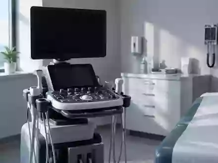 Ein moderner, steriler Untersuchungsraum in einer Klinik mit einem ausgeschalteten Ultraschallgerät im sanften Tageslicht. - Foto: über boerse-global.de