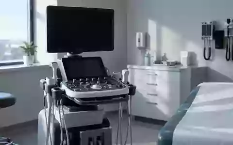 Ein moderner, steriler Untersuchungsraum in einer Klinik mit einem ausgeschalteten Ultraschallgerät im sanften Tageslicht. - Foto: über boerse-global.de