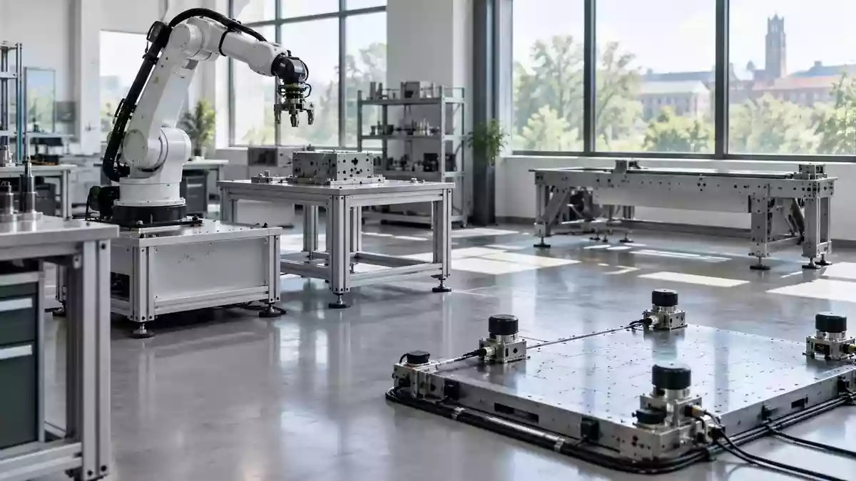 Ein modernes Robotik-Labor an einer Hochschule mit industriellen Testaufbauten und Arbeitsstationen. Illustration mit AI erstellt.