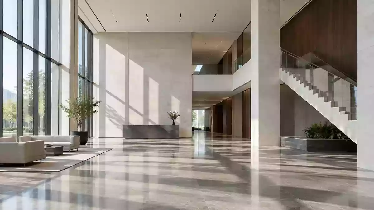 Ein minimalistisches, modernes Bürogebäude mit hohen Decken und geometrischen Linien bei natürlichem Lichteinfall. Illustration mit AI erstellt.