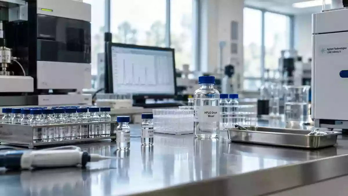 Ein klinisches Labor mit präzisen wissenschaftlichen Instrumenten und Glasgefäßen auf einem Edelstahltisch. Illustration mit AI erstellt.