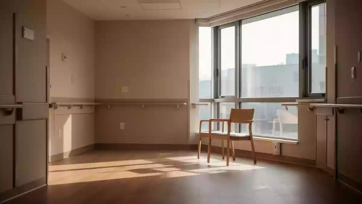 Ein leerer, sonnendurchfluteter Raum in einer modernen Pflegeeinrichtung mit einem einzelnen Stuhl am Fenster. Illustration mit AI erstellt.