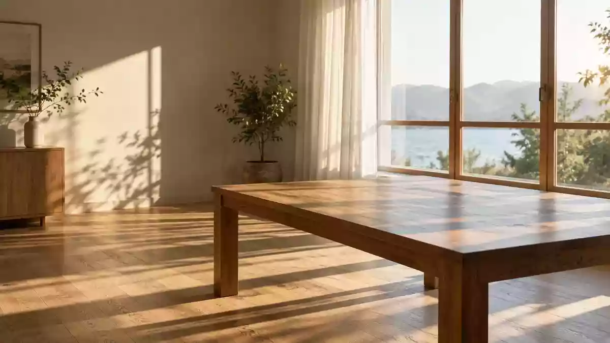 Ein sonnendurchfluteter, ruhiger Raum mit einem Holztisch, der eine friedliche und klare Atmosphäre vermittelt. Illustration mit AI erstellt.