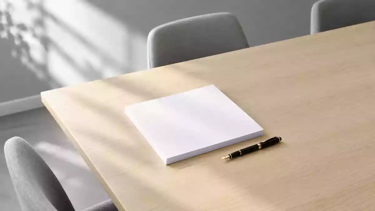 Ein minimalistischer, heller Konferenztisch mit einem Stapel leerer Papierblätter und einem Füllfederhalter bei Tageslicht. Illustration mit AI erstellt.