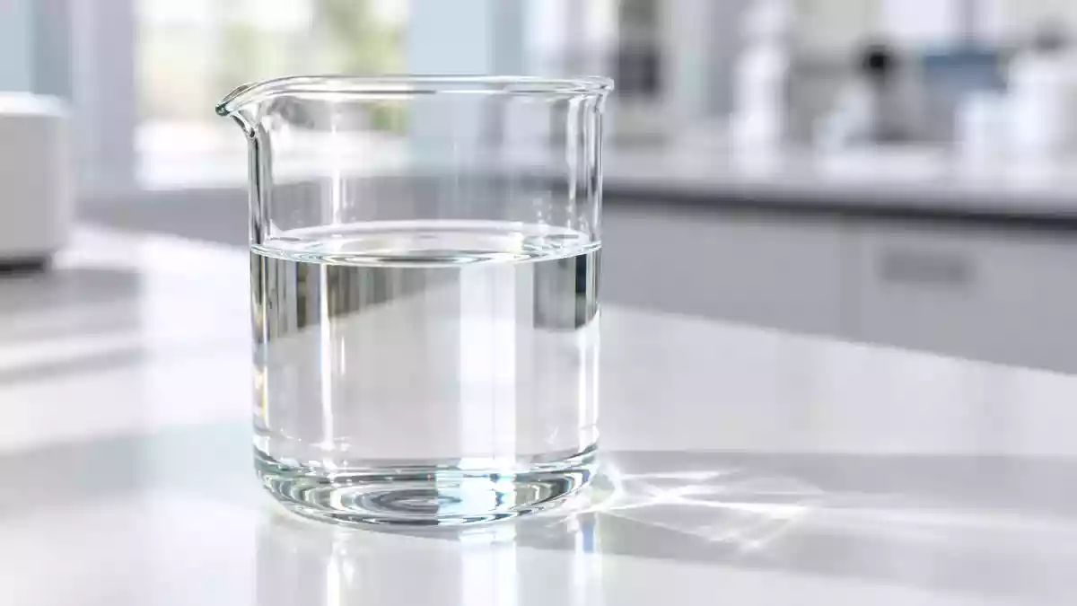 Ein klares Laborbecherglas mit einer transparenten Flüssigkeit auf einem sterilen Labortisch bei natürlichem Tageslicht. Illustration mit AI erstellt.