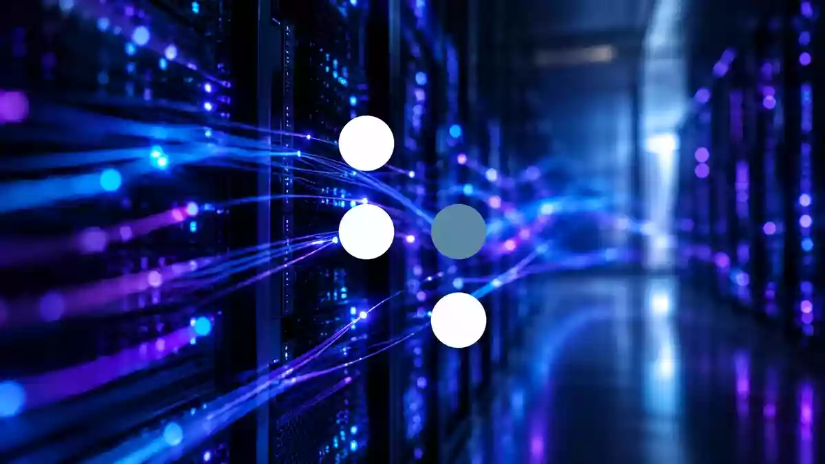 Abstrakte Darstellung eines beleuchteten Serverraums mit Lichtstreifen, die Marktvolatilität im Technologiesektor symbolisieren. Illustration mit AI erstellt.