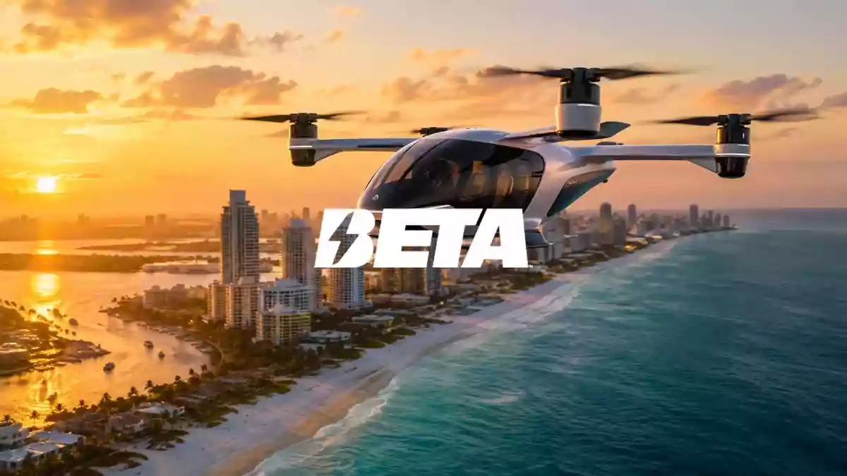 Modernes Elektroflugzeug über einer sonnigen Küstenlandschaft bei Sonnenuntergang als Symbol für Luftfahrttechnologie. Illustration mit AI erstellt.